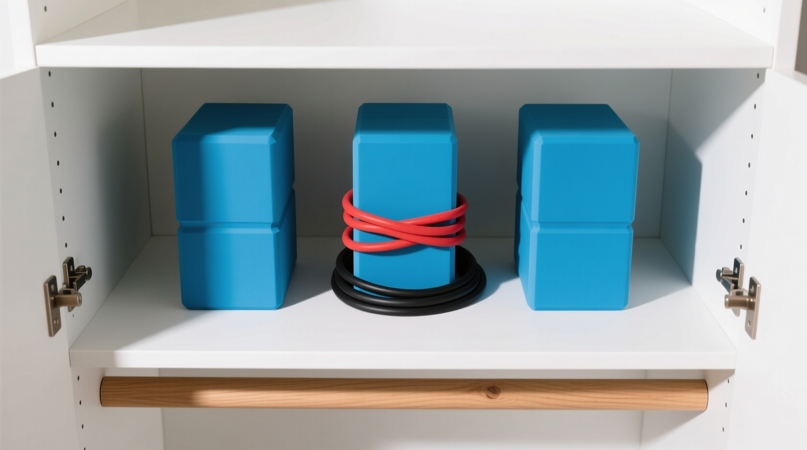Overhead photo of a white closet cubby showing three blue yoga blocks standing vertically on their 3-inch edges, with red and black resistance bands looped once and nestled tightly between them; a thin natural wood stopper strip runs along the front lip of the cubby.