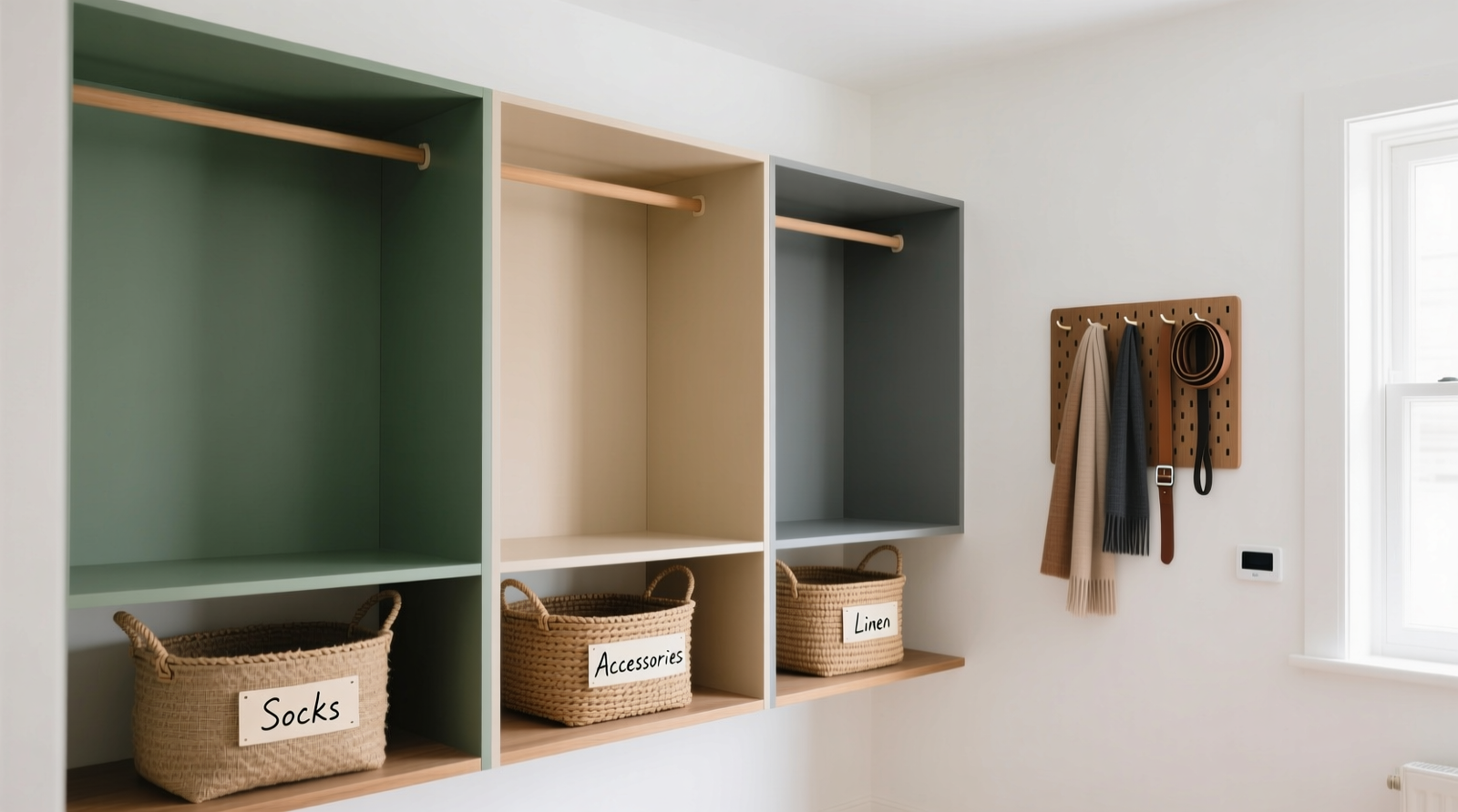 A minimalist, fully visible closet with color-blocked hanging sections, labeled woven baskets on open shelves, and a single wall-mounted pegboard holding scarves and belts—zero visible wires, screens, or scanning devices