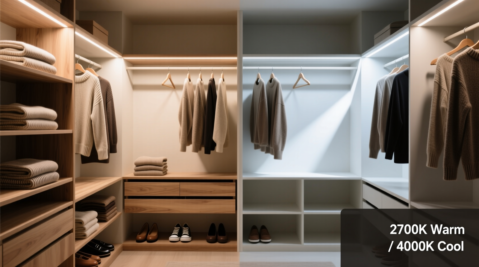 Side-by-side comparison showing identical closet interior lit with 2700K warm white light (soft, even glow revealing texture in folded sweaters and shoe details) versus 4000K cool white light (harsh directional beams casting sharp shadows behind hangers and leaving lower shelf corners visually empty)