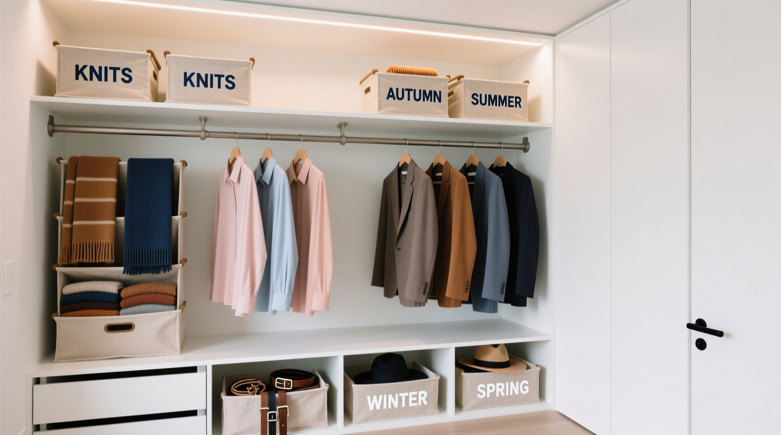 A transformed linen closet showing two-tier tension rods holding blouses and trousers, labeled vertical-folded knits in matching fabric bins, and a bottom shelf with seasonal accessory caddies—all lit evenly, no visible clutter