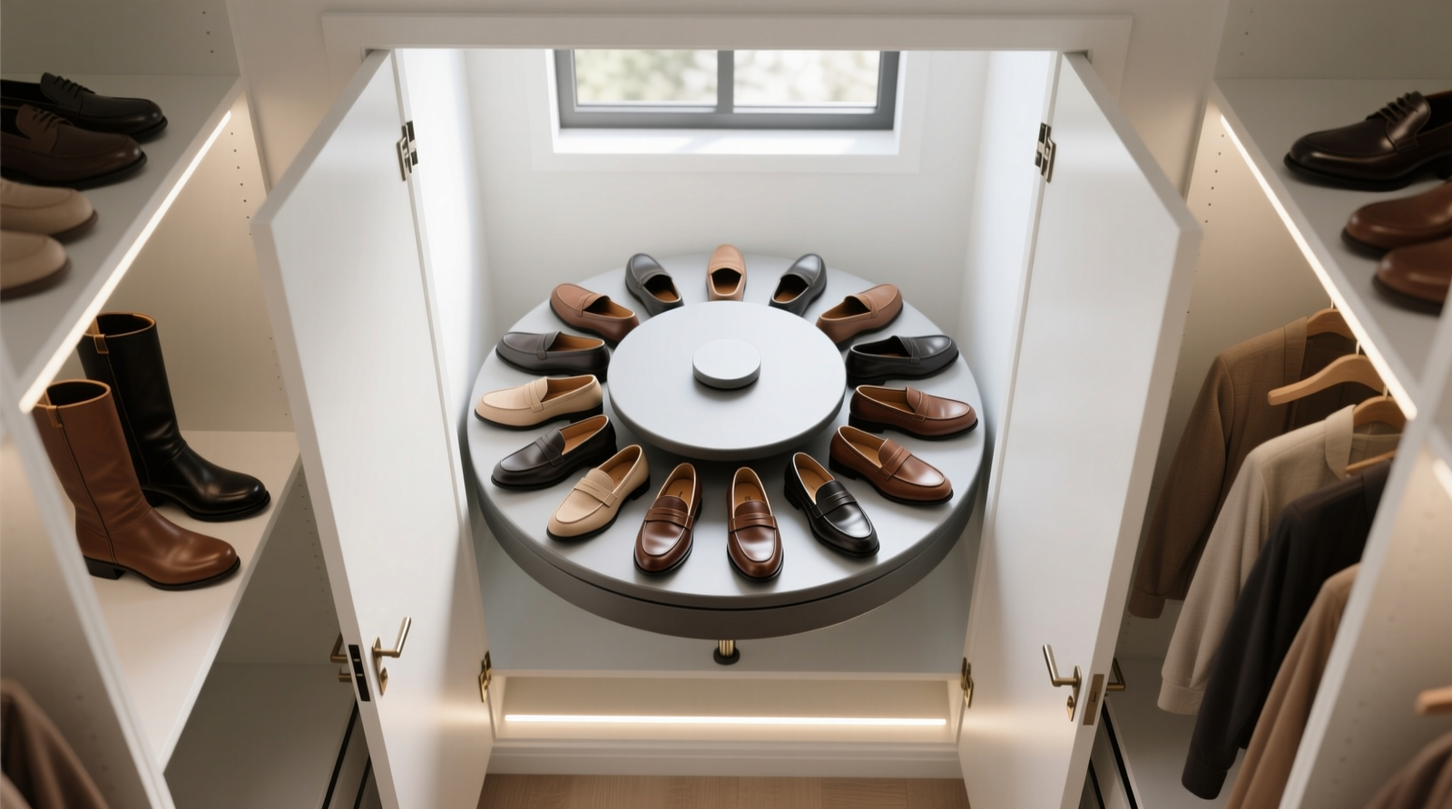 Top-down view of a 32-inch rotating shoe carousel installed in a 34-inch-wide closet, showing precise 1-inch clearance on both sides, shoes arranged radially with heel-in orientation, and closet door fully open without contact