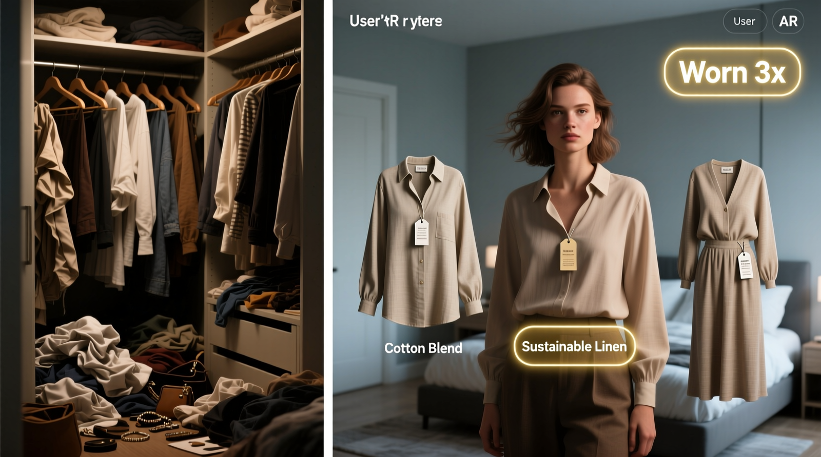 Side-by-side comparison: left shows a cluttered physical closet; right displays the same user’s AR interface overlaying three photorealistic outfit options on their custom avatar, with garment tags visible and a 'Worn 3x' badge on the most-used blouse