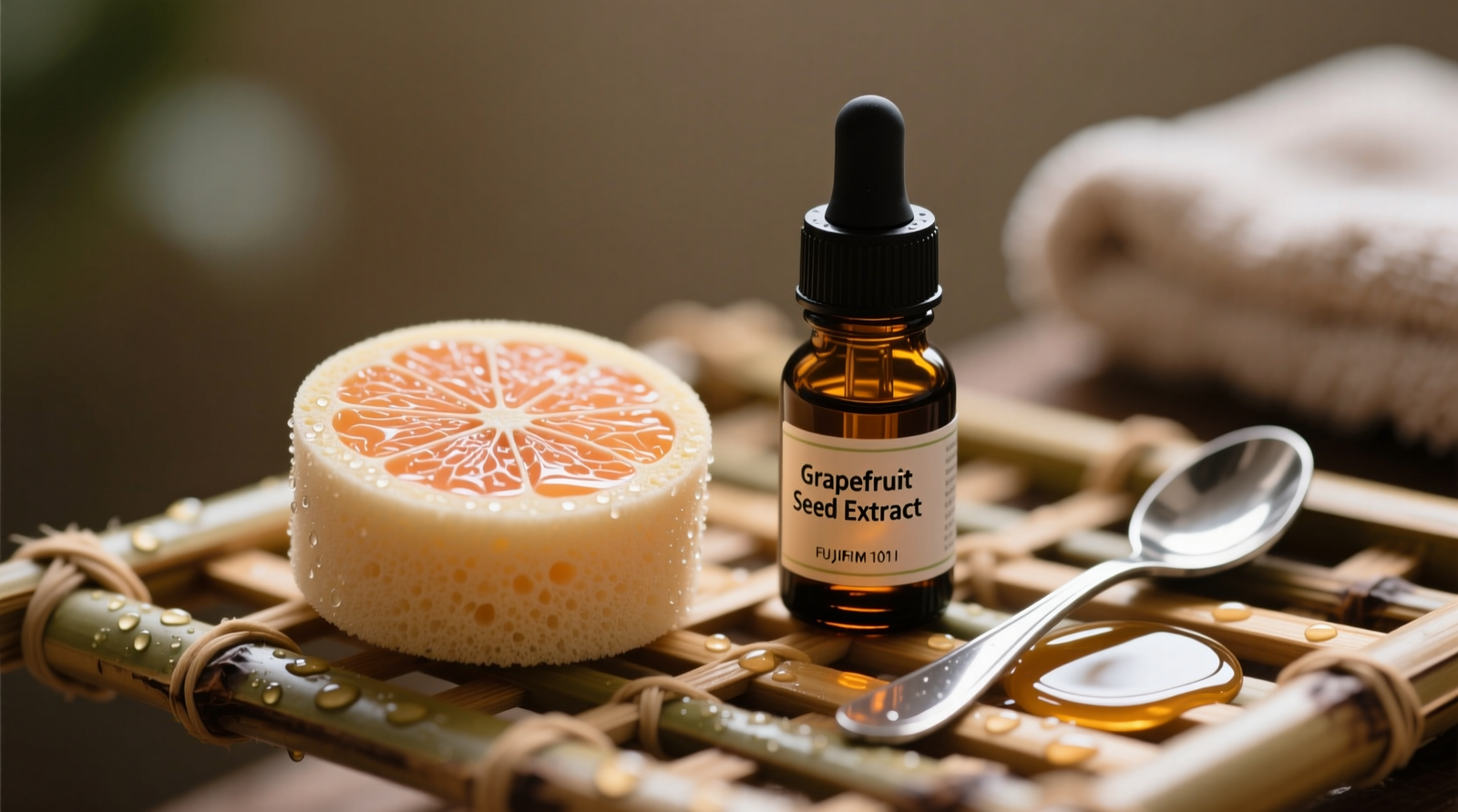 Close-up photo of a damp latex makeup sponge resting on a bamboo drying rack beside a small amber glass dropper bottle labeled 'Grapefruit Seed Extract', with distilled water and a stainless steel teaspoon nearby—no towels, no heat sources, no harsh chemicals visible