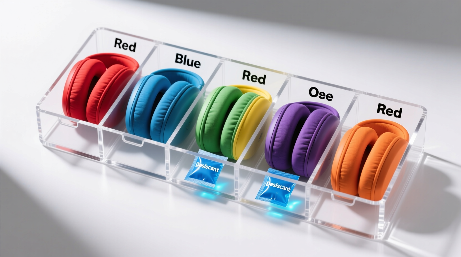 Top-down photo of a clear acrylic 6-compartment parts organizer, each section holding a pair of gaming headset ear cushions flat and upright, with color-coded labels and a small blue silica gel packet visible in two compartments