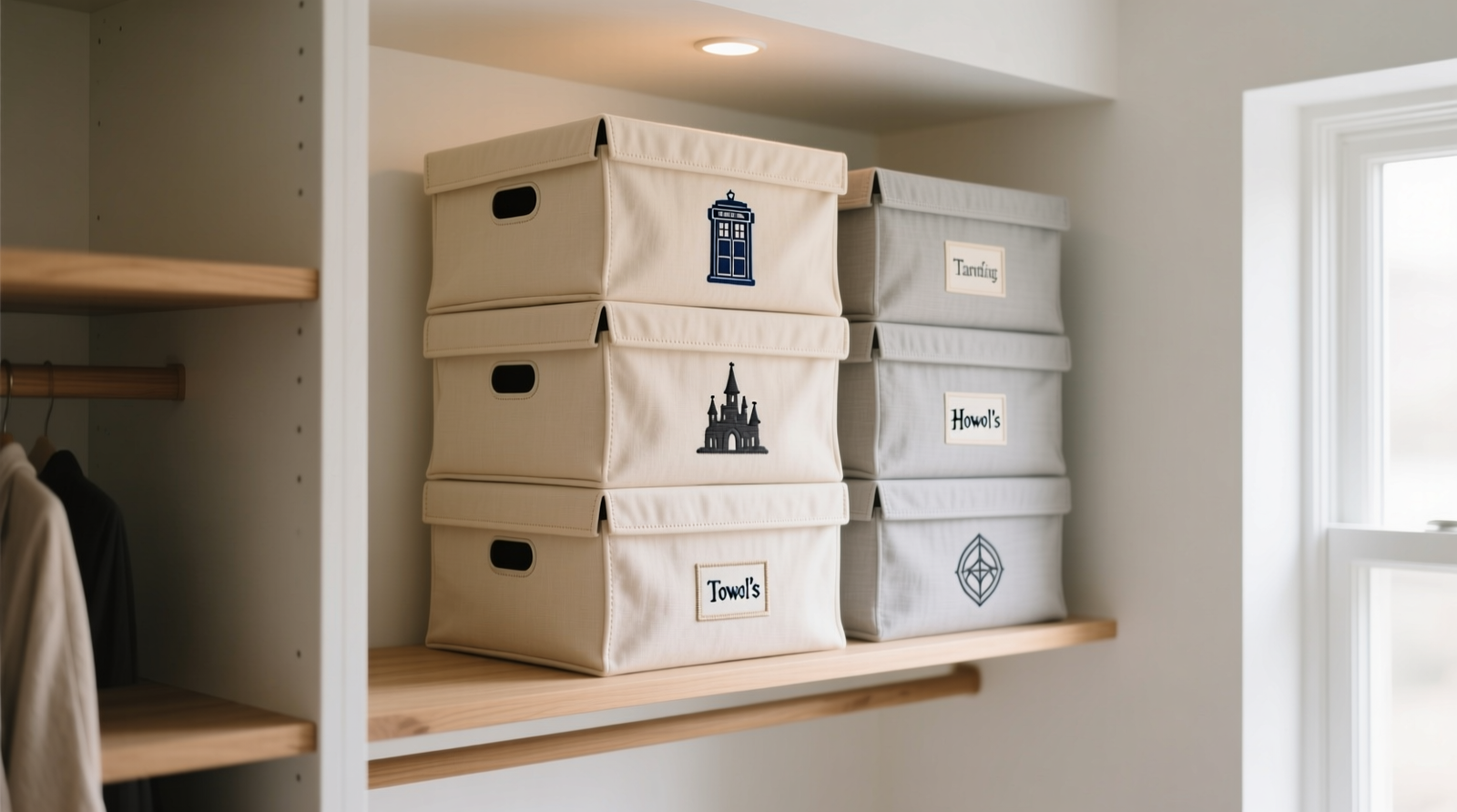A minimalist closet with labeled, vertically folded cotton boxes in soft neutral tones, each with a discreet embroidered fandom icon (e.g., subtle Tardis outline, tiny Howl’s Moving Castle motif) on the front—no visible logos, no visual clutter, full accessibility