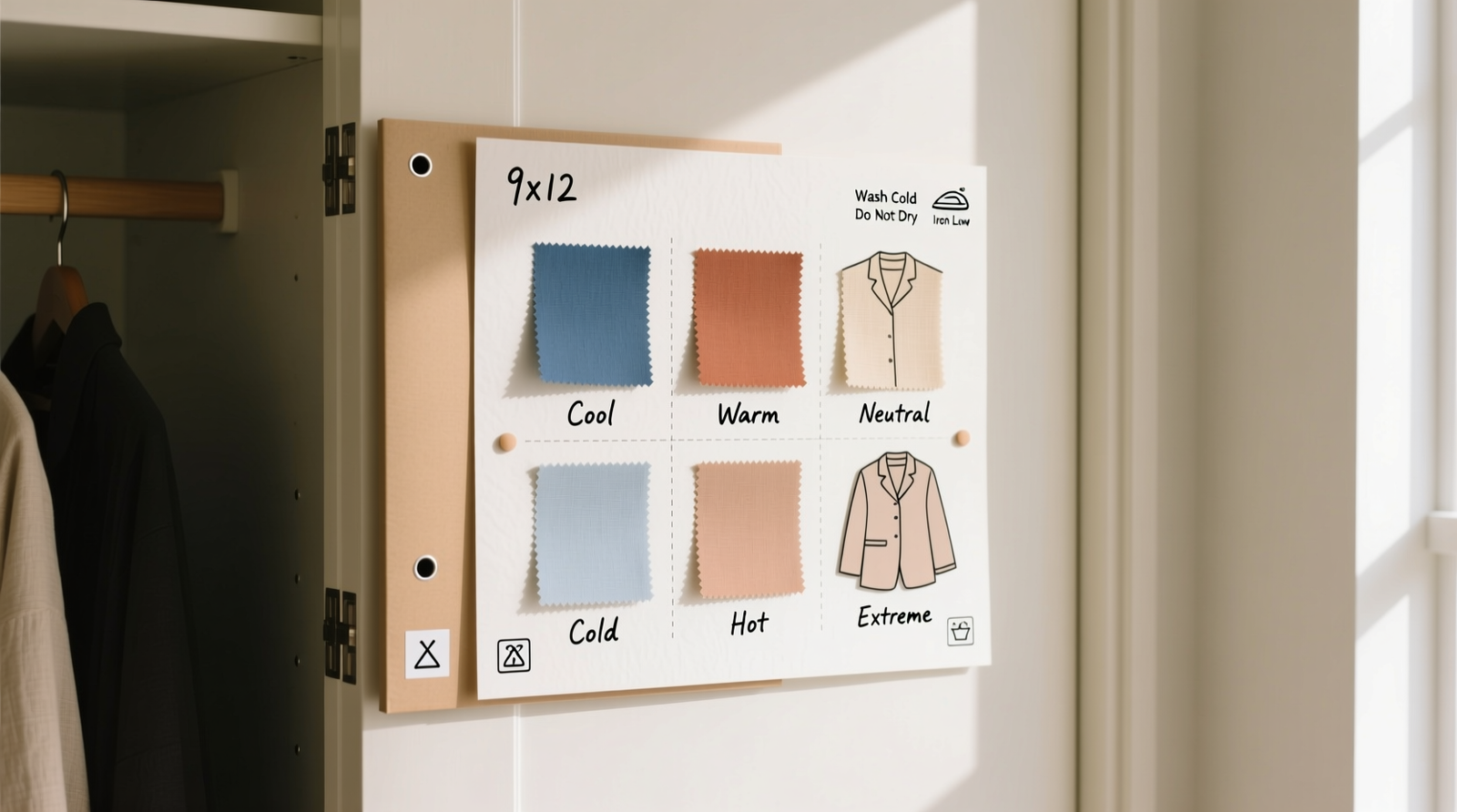 A minimalist 9x12 manila folder mounted beside a closet door, displaying six carefully arranged fabric swatches and garment cutouts grouped by temperature range, with handwritten thermal labels and small care-symbol stickers