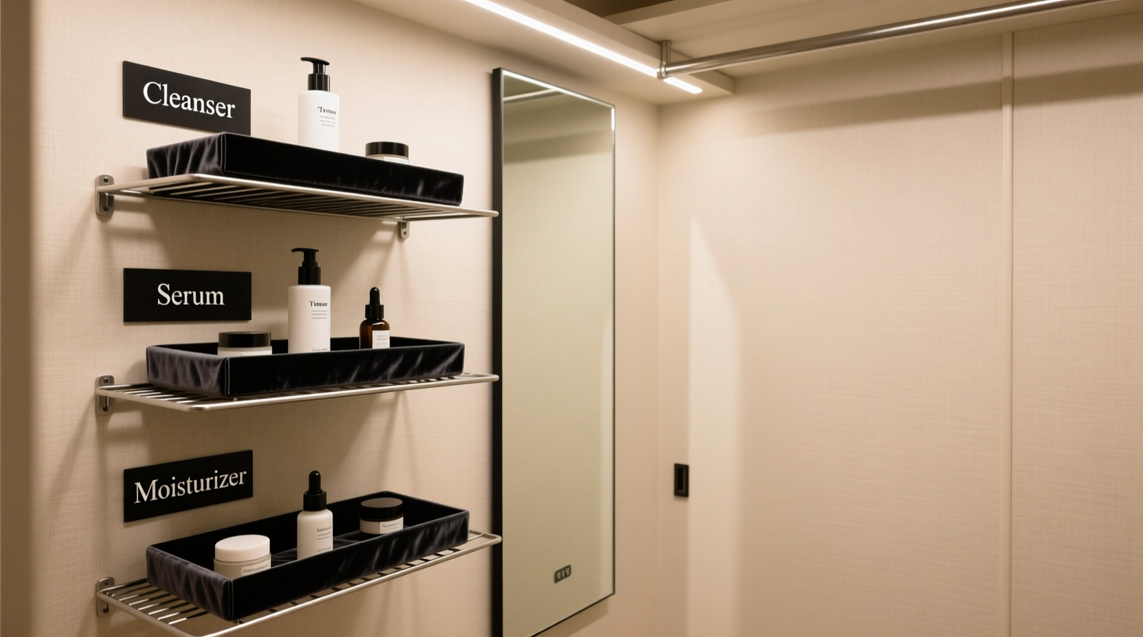 A narrow 24-inch-wide linen closet transformed into a beauty staging zone: three wire shelves lined with charcoal velvet, holding labeled acrylic trays for cleansers, toners, serums, and moisturizers; a full-length mirror mounted inside the door; no visible expiration dates or duplicate items.