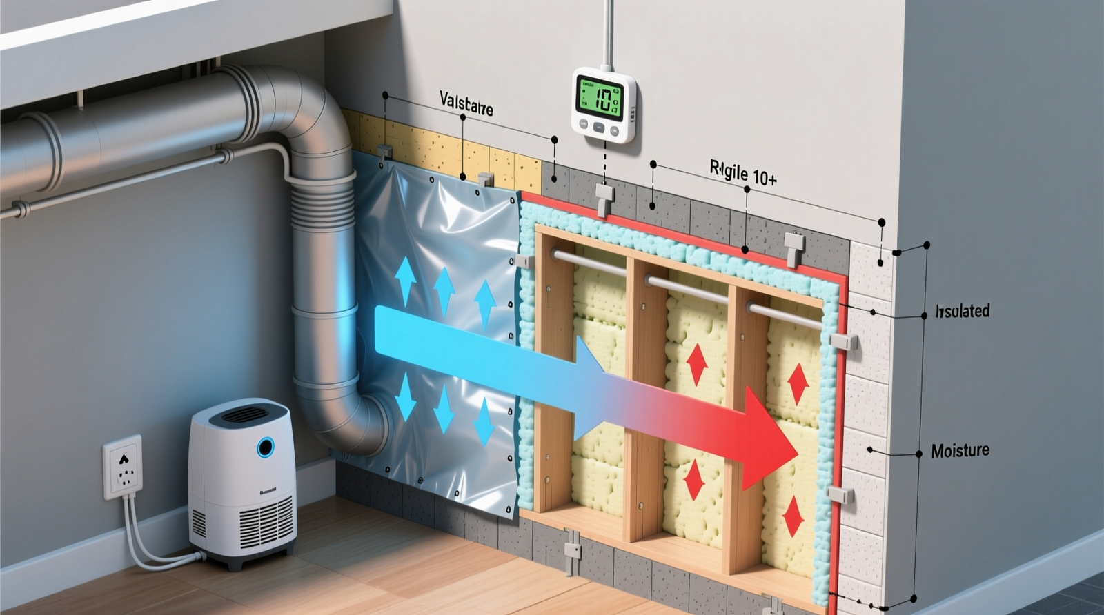 Cross-section diagram showing moisture movement through basement wall, vapor barrier placement, insulated closet framing, and strategically placed hygrometer and dehumidifier outlet