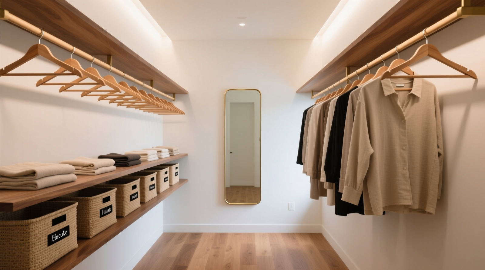 A minimalist walk-in closet featuring soft ambient lighting, uniform wooden hangers, labeled woven bins on a floating shelf, and a full-length mirror with subtle brass frame—no scale visible