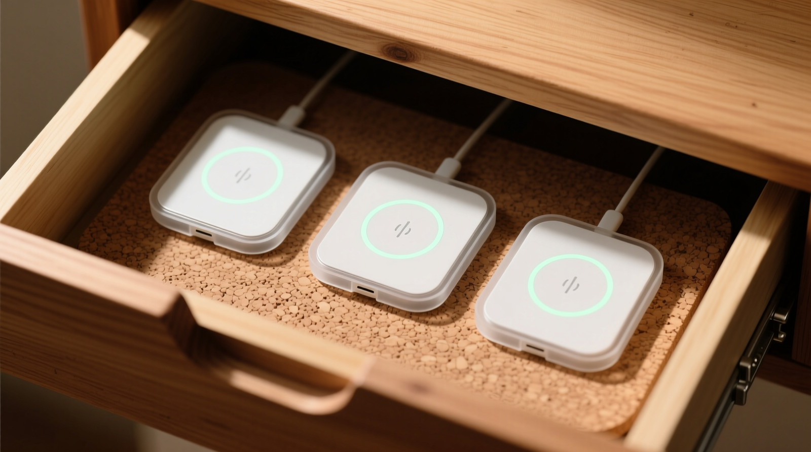 Top-down view of a shallow wooden drawer with three wireless charging pads lying flat on a natural cork mat, each separated by 2.5 inches and bordered by minimalist silicone dividers; no covers, no stacking, no metal nearby