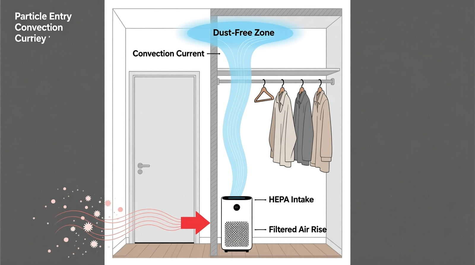 Cross-section diagram showing airflow path in an urban apartment closet: labeled arrows indicate particle entry via door gap, slow convection current, HEPA unit intake at base, filtered air rising gently past hangers, and dust-free zone around garments