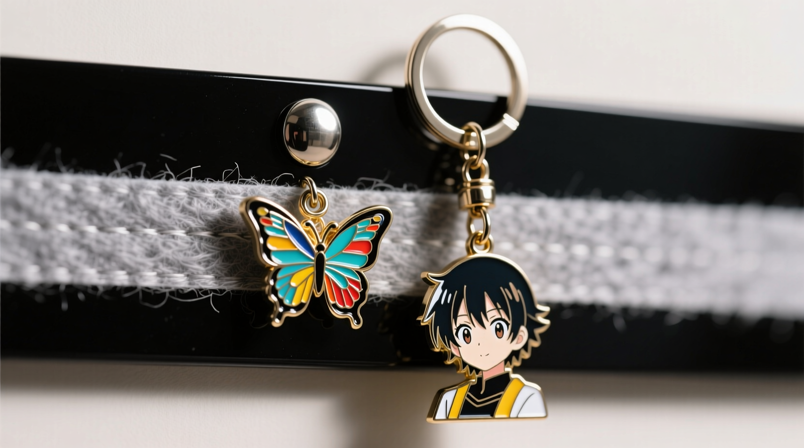 Close-up of an enamel pin and anime keychain mounted vertically on a black magnetic strip lined with thin gray felt tape, showing proper 4 mm spacing and correct orientation of metal rings and butterfly backs