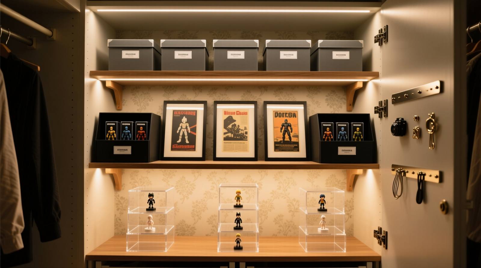 A 20-inch-deep closet interior showing three clearly defined horizontal zones: front zone with acrylic risers holding small figures and display stands, middle zone with adjustable shelf holding framed posters and boxed figures in open bins, rear zone with magnetic strips on the door and slim archival boxes aligned flush against back wall. All lighting is warm LED track lighting angled downward.