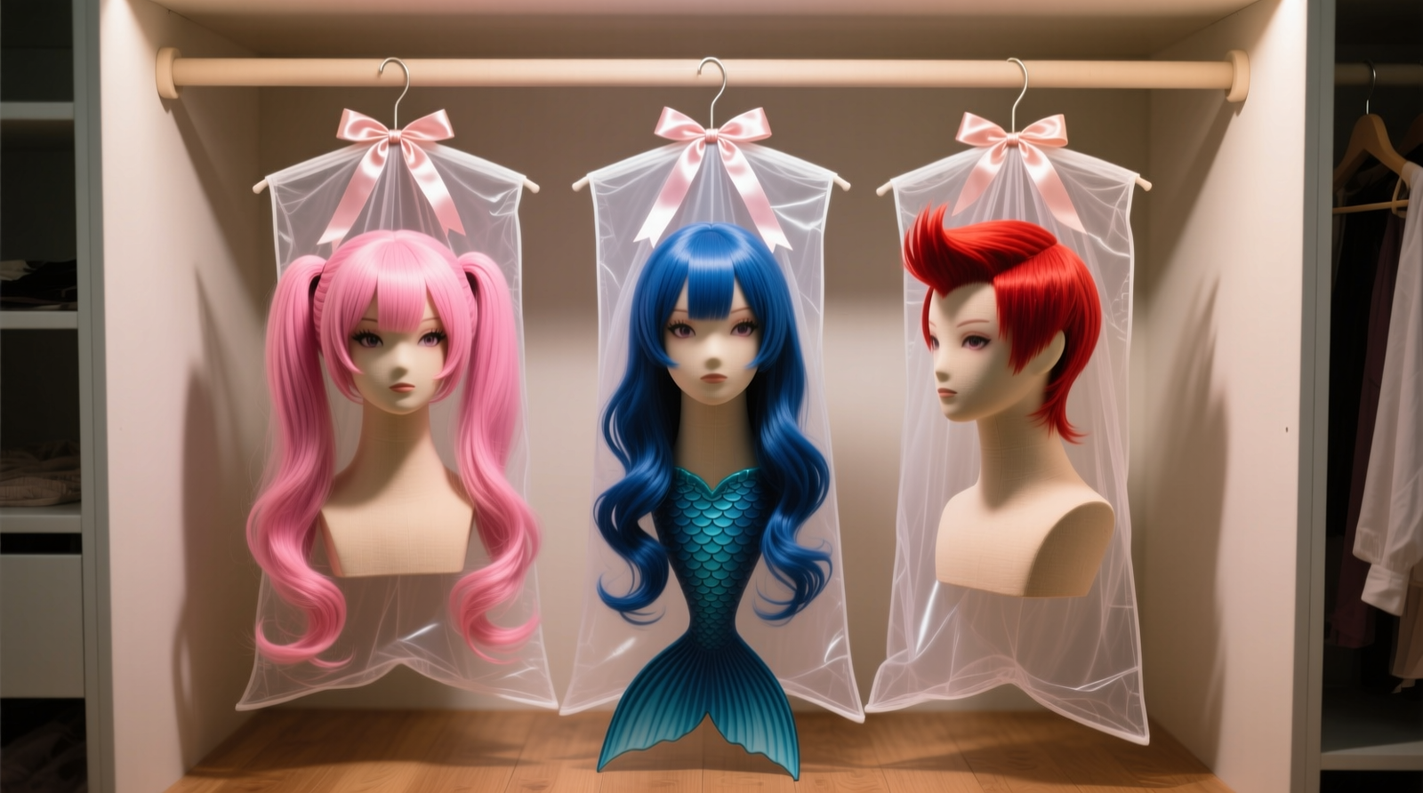 Three cosplay wigs hanging vertically on rotating padded hangers inside a closet, each enclosed in a translucent mesh garment bag with satin ties visible at crown