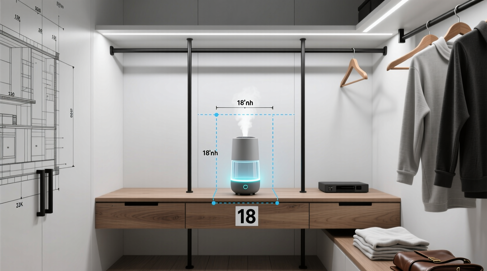 Side-view schematic of a walk-in closet showing an ultrasonic diffuser mounted on a solid-wood shelf, positioned centrally between two garment rods, with clear 18-inch clearance zones marked around it and no nearby electronics or leather goods