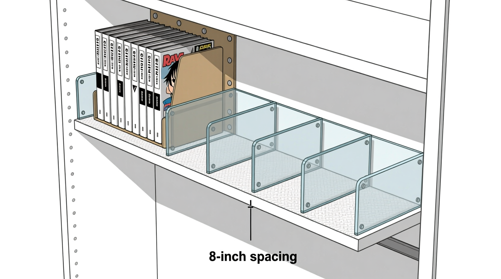 Side-view diagram showing a narrow closet shelf with rigid acrylic dividers, non-slip shelf liner, archival backing boards behind upright manga box sets, and precise 8-inch spacing between dividers