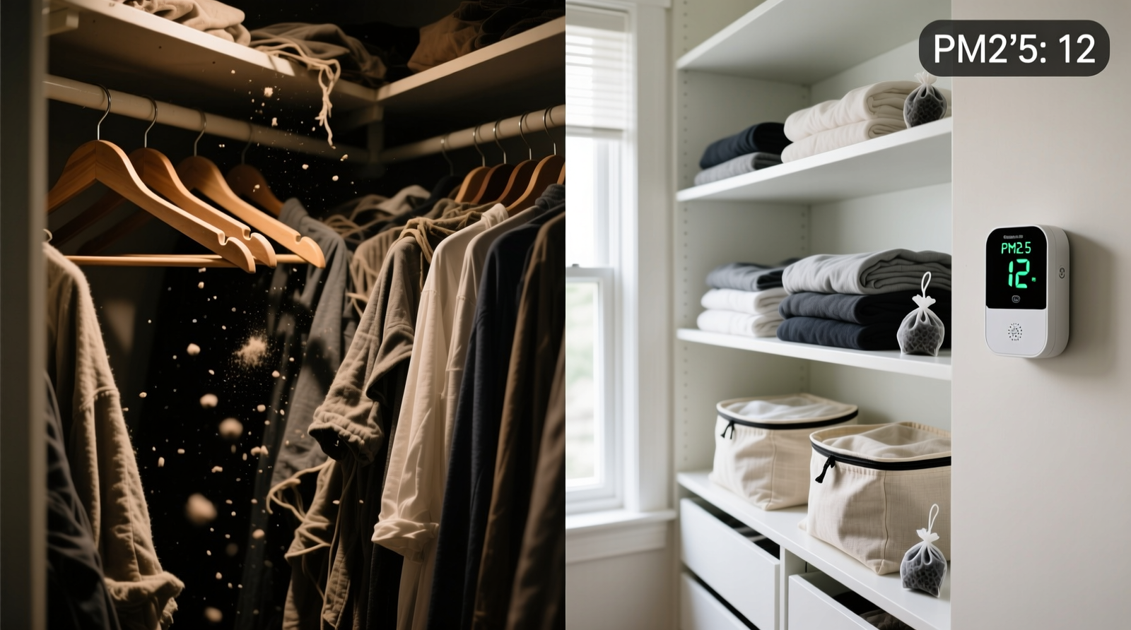 Side-by-side comparison: a cluttered, dim closet with visible dust on hangers versus an organized, well-ventilated closet featuring a small wall-mounted air quality sensor, charcoal sachets on shelves, and linen garment bags