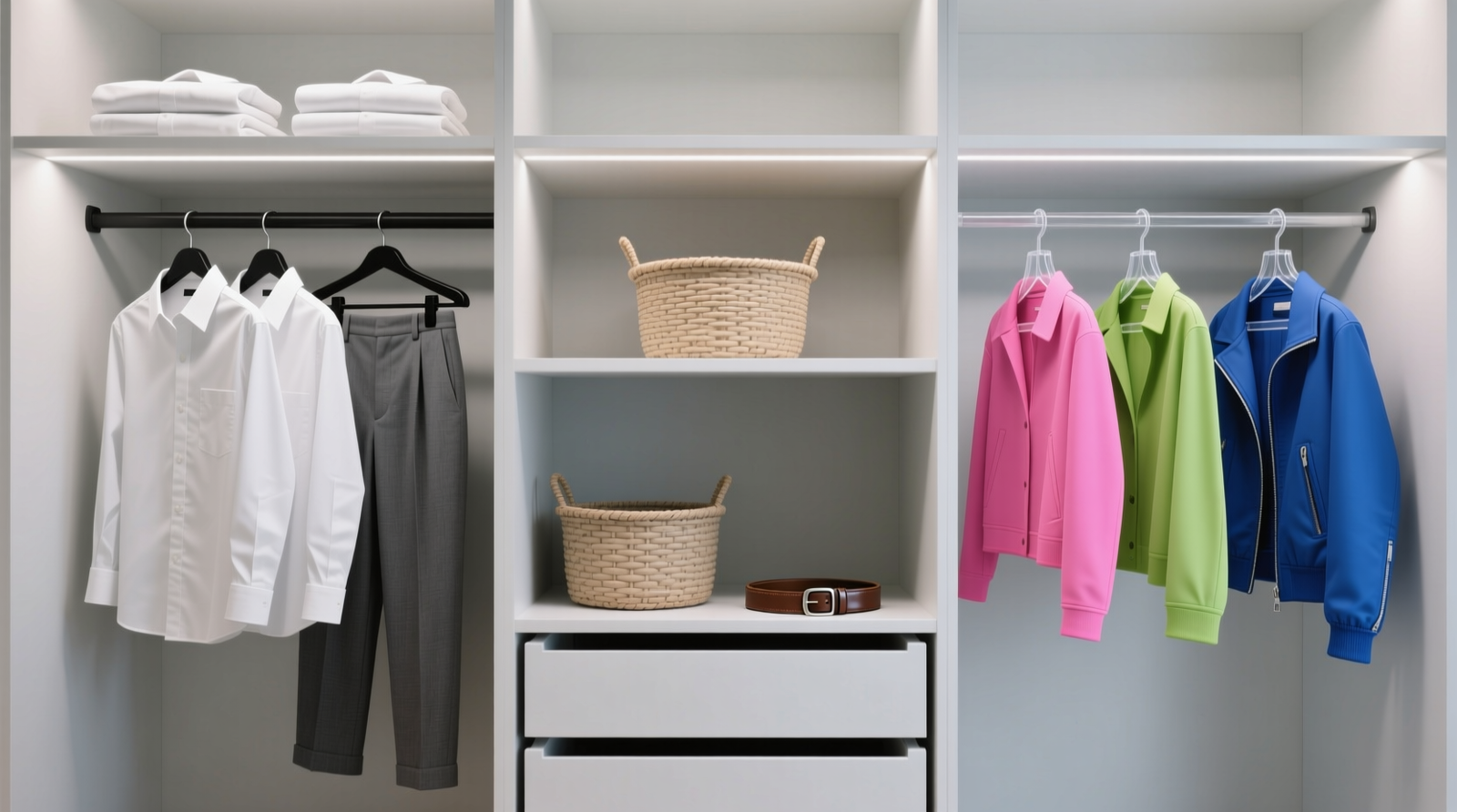A well-lit, mid-height closet interior showing three clearly defined vertical sections: left section with uniform matte black hangers holding crisp white shirts and charcoal trousers; center section with neutral-toned woven baskets and leather belts on a single pull-out bar; right section with clear acrylic hangers holding electric pink, lime green, and cobalt blue jackets and tops against a light gray backdrop. All shelves are uncluttered and evenly spaced.