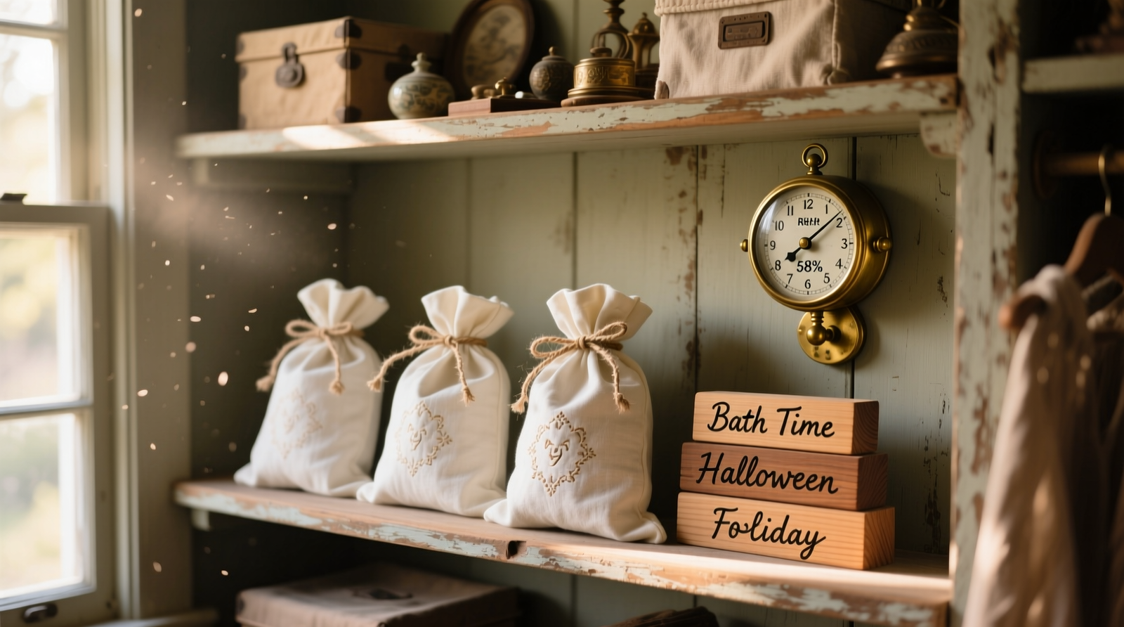 Three-tiered closet shelf showing rolled pet costumes in off-white cotton bags beside labeled cedar blocks and a hygrometer reading 58% RH