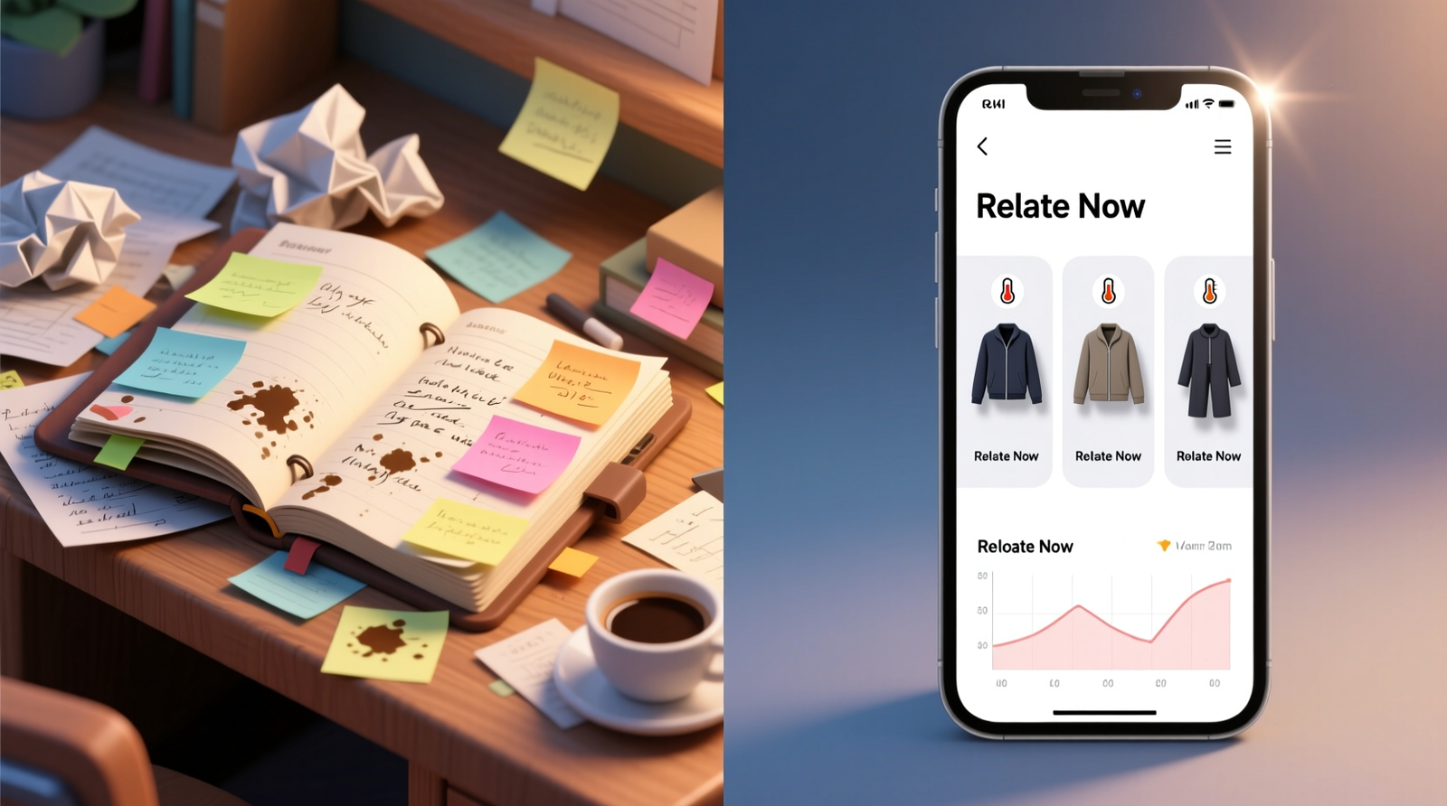 Side-by-side comparison: left panel shows a cluttered paper journal with smudged entries and sticky notes; right panel displays a clean mobile app interface highlighting three garments tagged 'Rotate Now' with temperature icons and wear-history graphs