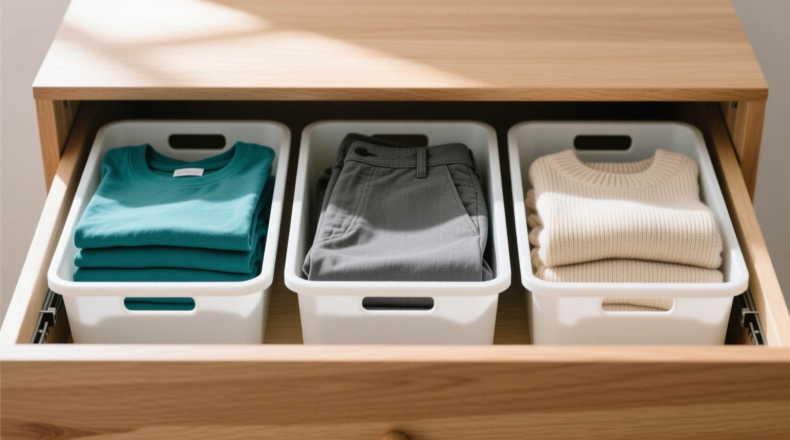 Three identical white plastic drawer bins arranged side-by-side inside a natural wood dresser drawer; each bin holds neatly folded clothing in upright file-fold orientation—teal t-shirts in left bin, charcoal trousers in center, oatmeal knits in right—no overflow, no labels visible but clean edges suggest intentional placement