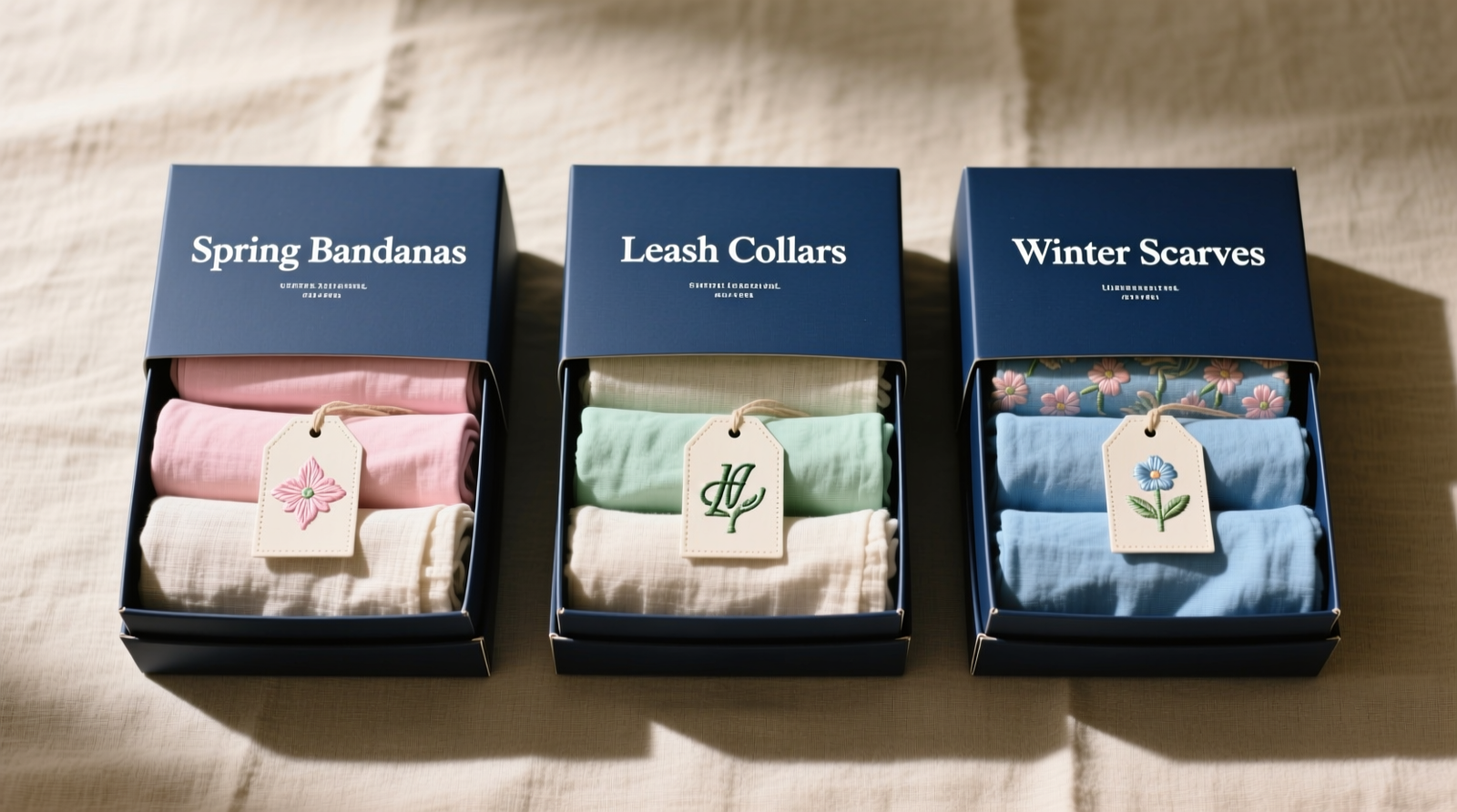 Three-tiered closet drawer system showing labeled acid-free boxes for pet bandanas, rolled cotton sleeves for collars, and a small silica gel packet placed in the rear corner