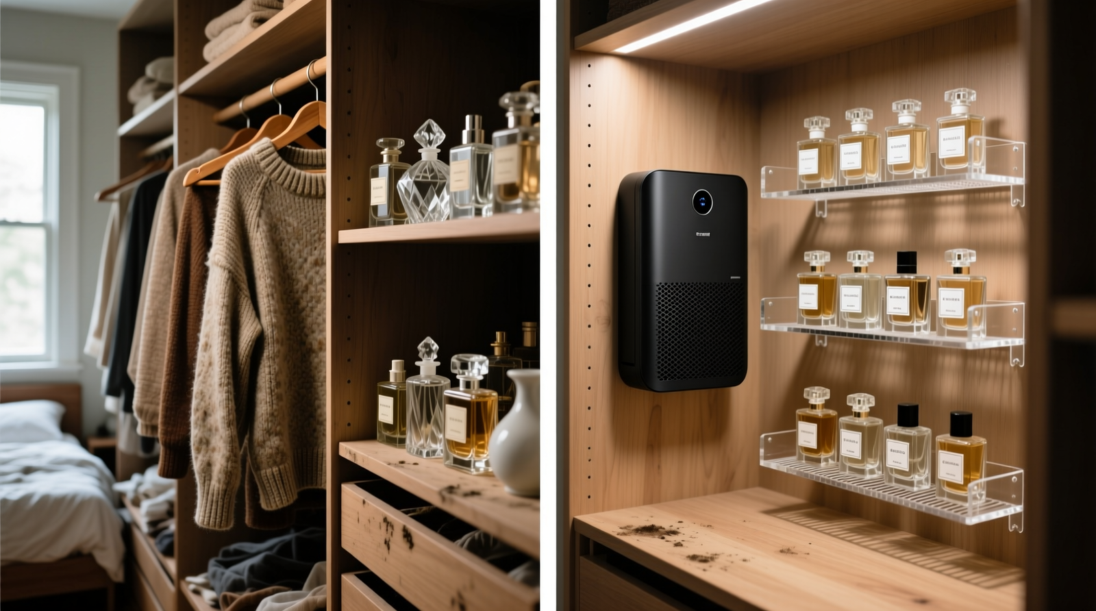 Side-by-side closet interior: left shows perfume bottles clustered near wool sweaters with visible hanger discoloration; right shows same closet with wall-mounted carbon purifier, labeled bottles on ventilated acrylic trays, and no visible residue