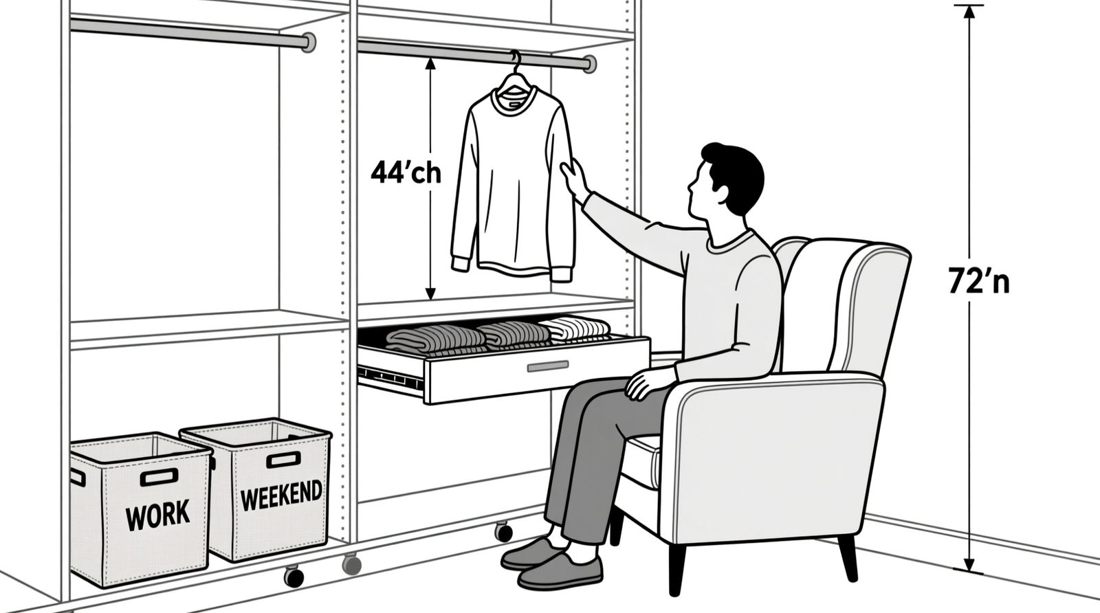 Side-view diagram of a walk-in closet showing three clearly marked vertical zones: primary zone (24–60 inches) with color-coded hangers, secondary zone (61–78 inches) with a pull-down rod, and tertiary zone (floor level) with two low-profile rolling bins fitted with locking casters and fabric-covered handles.