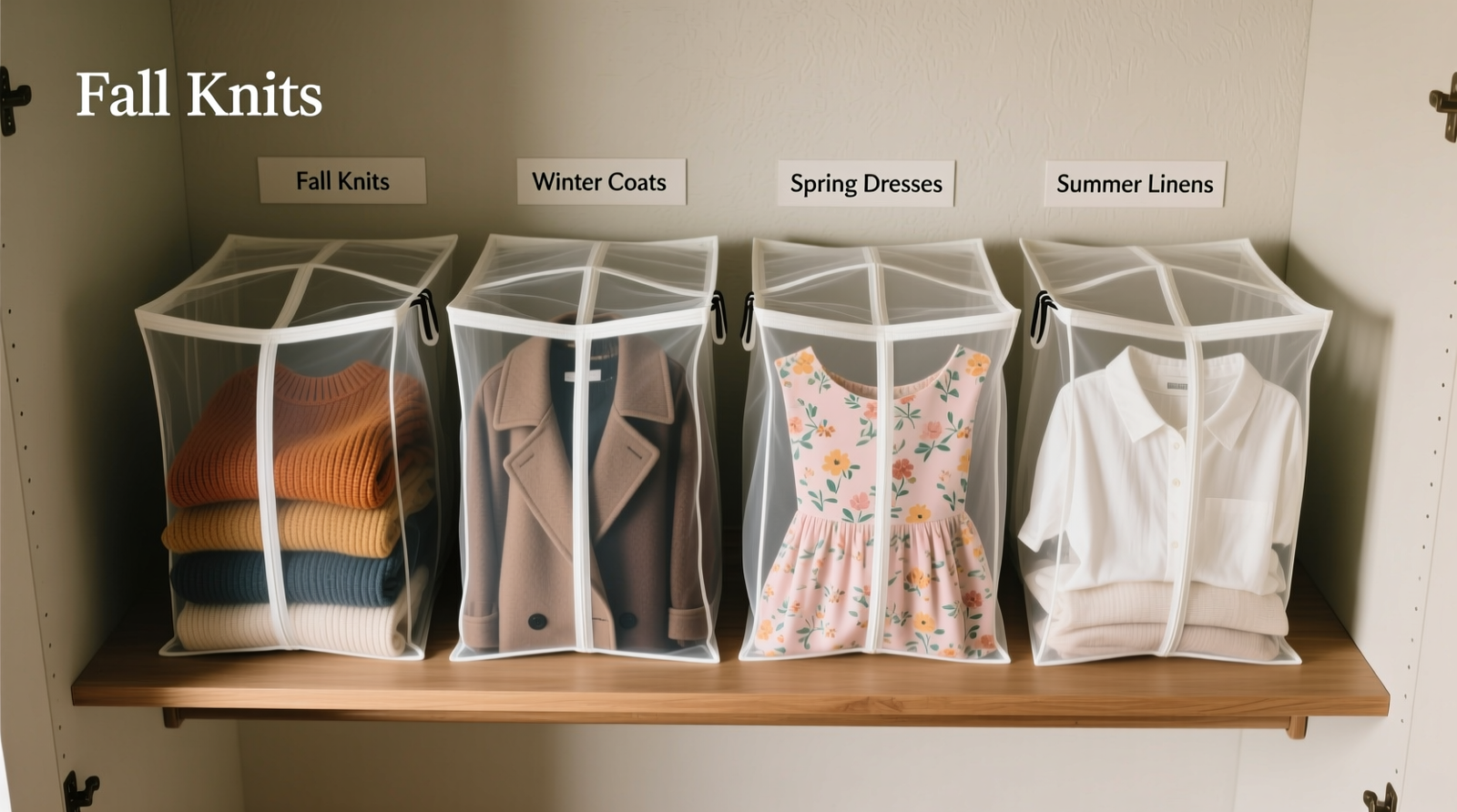Overhead photo of a minimalist closet: four labeled foldable mesh laundry bags—'Fall Knits,' 'Winter Coats,' 'Spring Dresses,' 'Summer Linens'—neatly stacked vertically on a low shelf, each partially filled and fully visible through the mesh, with no lids, no labels obscured, and zero surrounding clutter