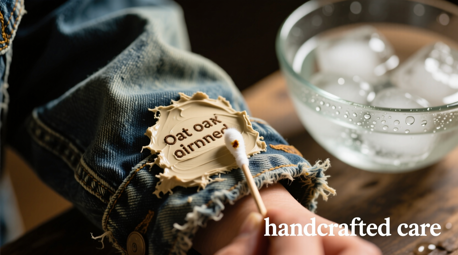 Close-up of a vintage denim jacket sleeve showing hand-applied oatmeal paste on stained embroidery, with a cotton swab mid-application and an ice-filled bowl nearby for cold-rinse prep