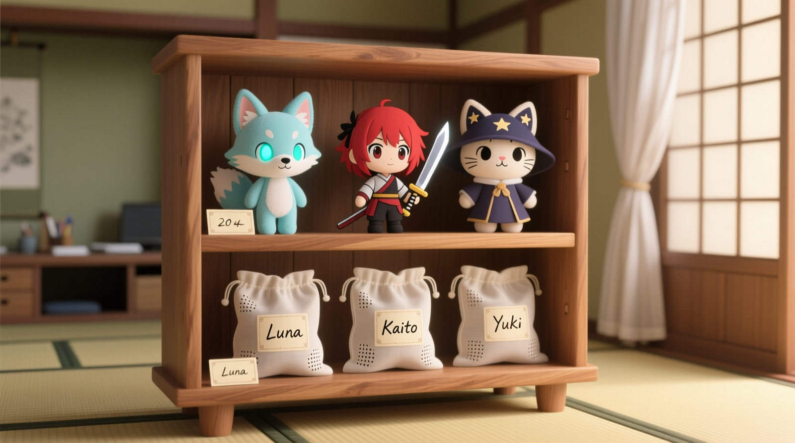 Three-tier open wooden shelf with anime plushies standing upright in breathable non-woven garment bags; each bag has visible micro-perforations and is labeled with archival ink; shelf is elevated 20 inches off floor and spaced 24 inches from ceiling