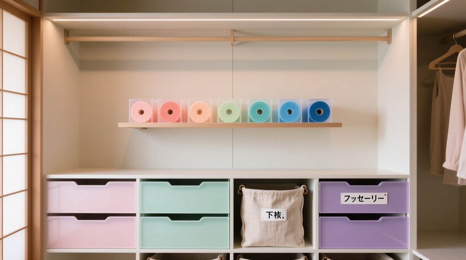 A streamlined walk-in closet with matte-finish pastel acrylic drawer dividers, linen-covered fabric bins labeled in delicate sans-serif kana, and a single shelf holding translucent jellyroll boxes arranged by hue—no cartoon graphics, no glitter, no clutter