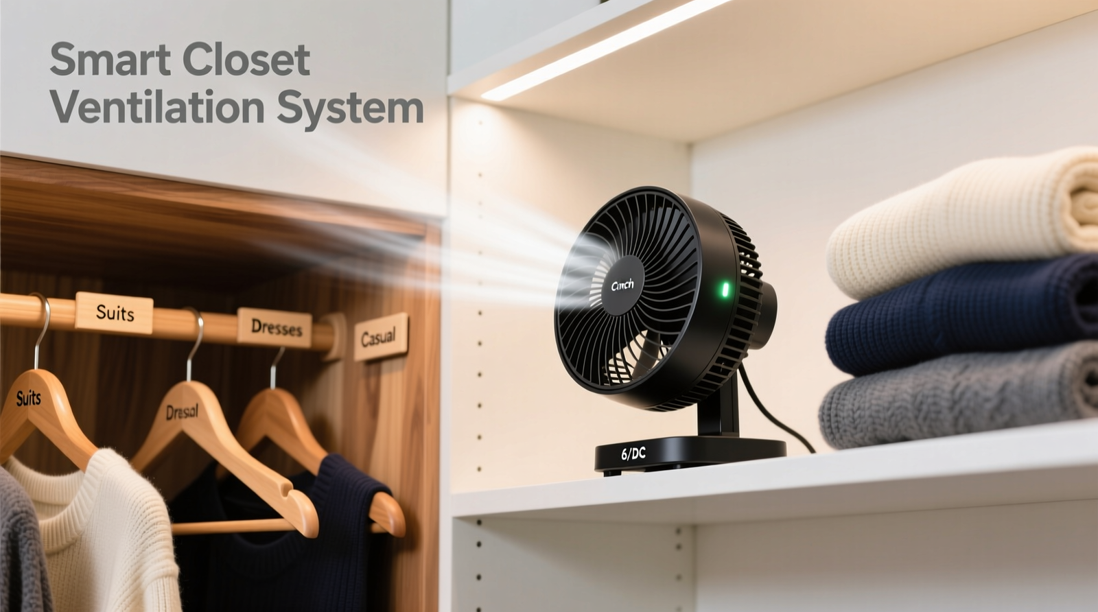 Side-by-side photo showing a compact 6-inch DC fan mounted on a closet shelf angled upward toward the dressing area, next to a neatly organized cedar-lined closet with labeled hangers and folded knit stacks
