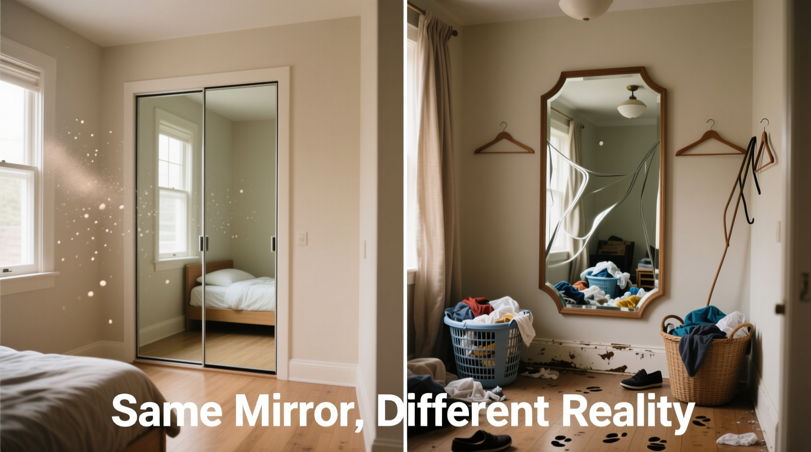 Side-by-side comparison: left shows a small bedroom with a clean, frameless mirrored closet door reflecting a tidy floor and neutral wall; right shows the same room with a beveled-framed mirror reflecting visible laundry baskets, uneven hangers, and a scuffed baseboard—demonstrating how identical hardware yields opposite spatial effects based on context