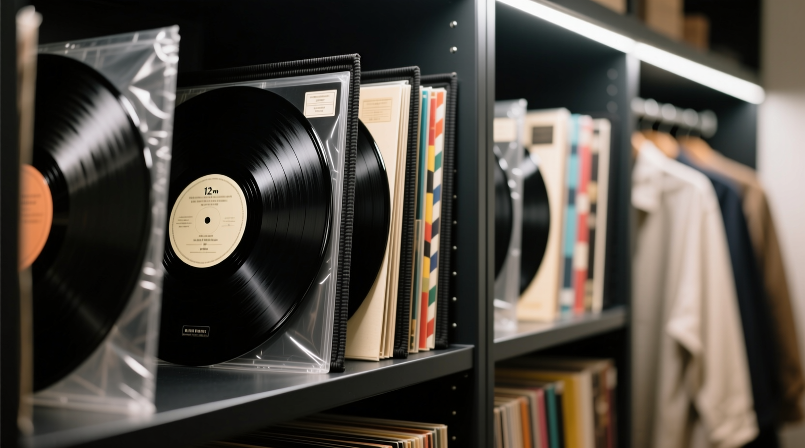 Close-up of vinyl records stored vertically on a climate-stable closet shelf, separated from hanging garments by a 12-inch gap and protected with matte black anti-static outer sleeves and clear polyethylene inner sleeves