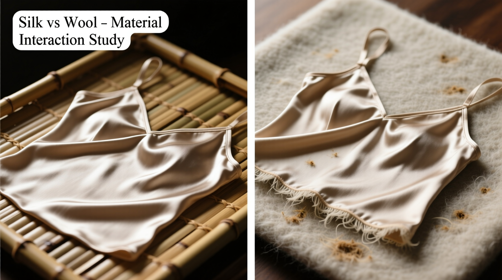 Close-up comparison: a silk camisole resting on bamboo liner (smooth, reflective surface) versus the same garment on wool felt (visible fiber lift and lint accumulation along hemline)