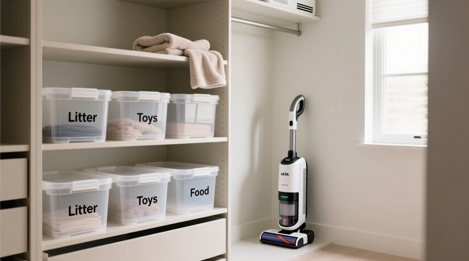 A minimalist, well-organized closet showing labeled, airtight bins for cat supplies, HEPA-filtered vacuum parked nearby, and a microfiber cloth draped over a shelf edge—no visible air purifier unit present