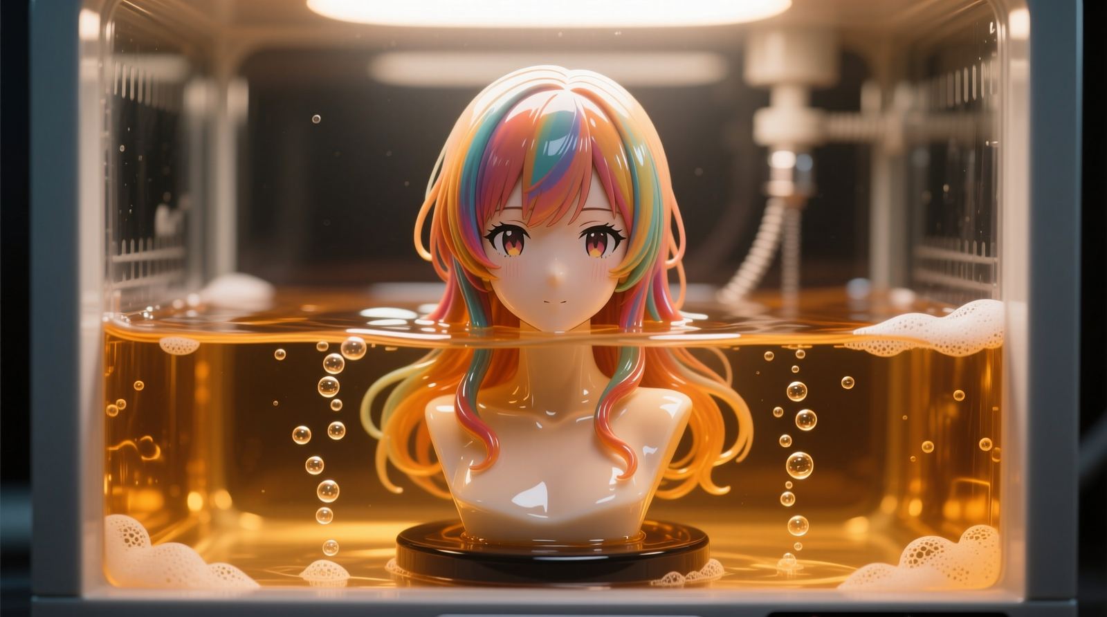 Close-up of a resin anime bust submerged in clear amber liquid inside an ultrasonic cleaner tank, with gentle bubbles rising around its base—showing no foam, no discoloration, and preserved gloss on painted hair details