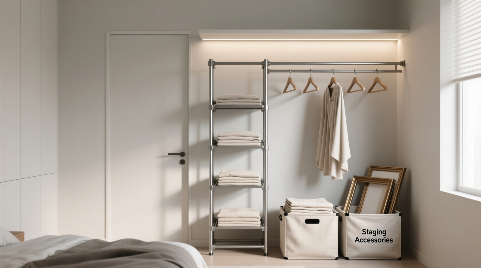 A minimalist bedroom closet with a folded steel garment rack stored vertically beside the door, next to a labeled fabric bin holding folded staging accessories—no garments visible on the rack