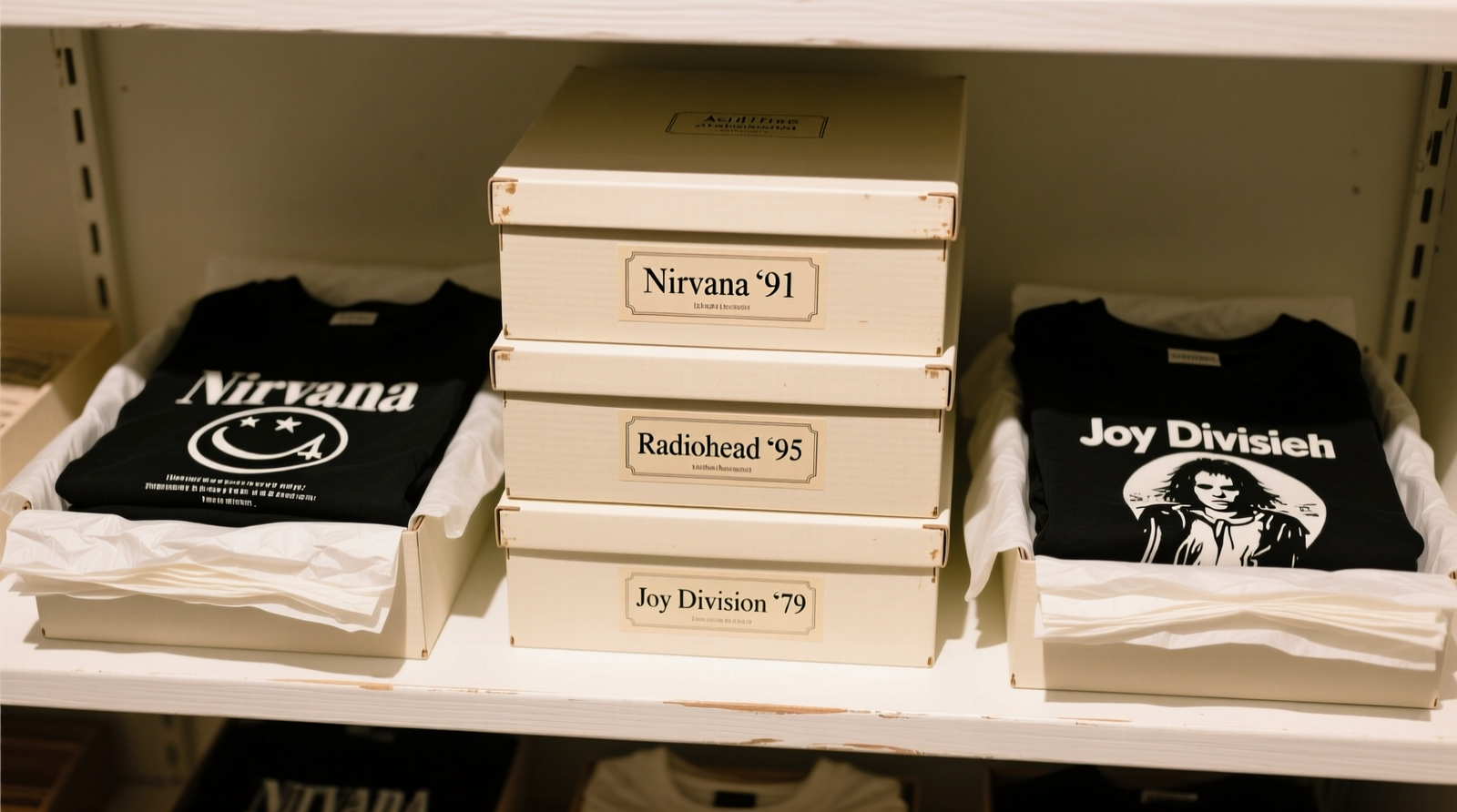 Top-down view of a white archival Solander box opened to reveal three vintage band tees neatly folded and separated by translucent unbuffered tissue paper, placed on a matte gray, UV-filtered shelf in a dim, temperature-stable closet
