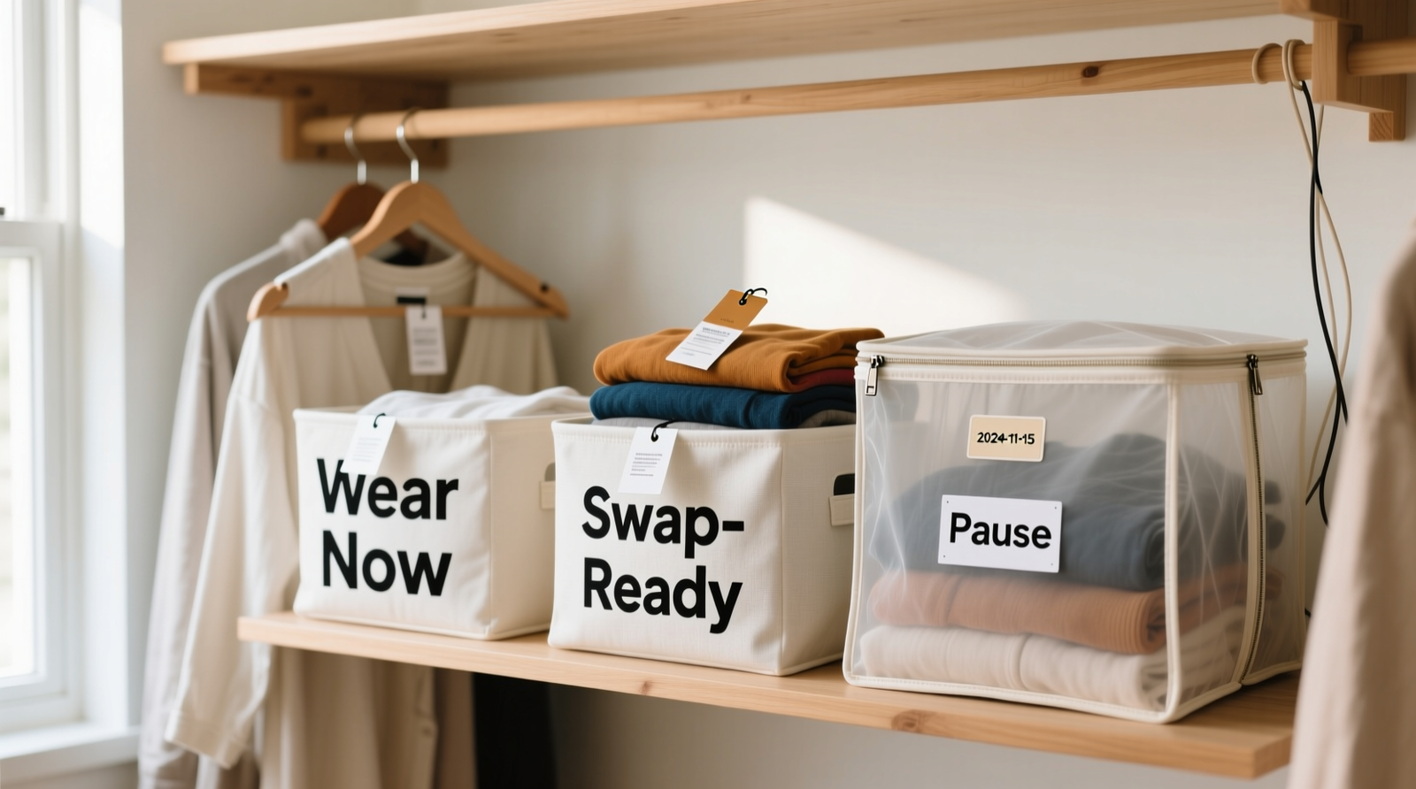 A well-lit closet showing three clearly labeled fabric bins: 'Wear Now' (neatly hung), 'Swap-Ready' (folded with tags visible), and 'Pause' (sealed cotton storage bag with date sticker)
