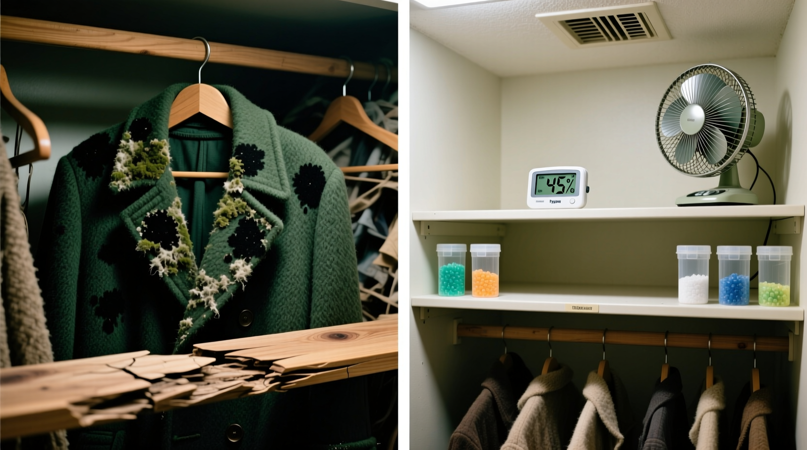Side-by-side comparison: left shows a closet with visible mold on wool coat collar and warped cedar shelf; right shows identical closet setup with digital hygrometer mounted at eye level, silica gel canisters on shelf, and small fan installed near ceiling vent