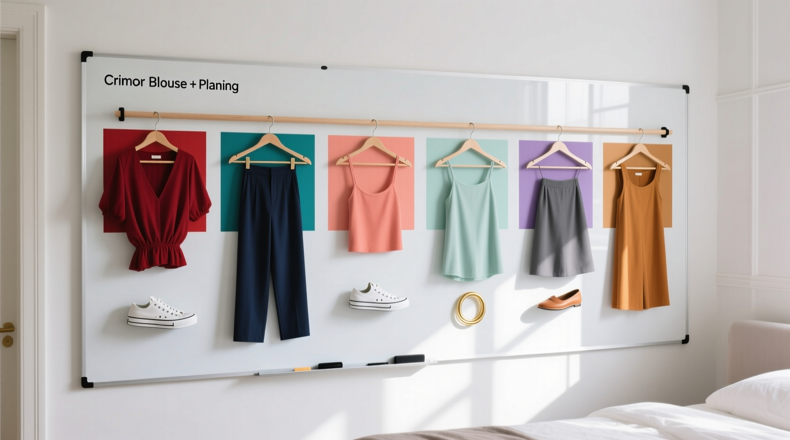 Close-up of a minimalist closet whiteboard wall showing exactly seven cleanly written, color-coded outfits—each with top, bottom, shoes, and one accessory—mounted beside a streamlined hanging rod with matching hangers and zero visible clutter