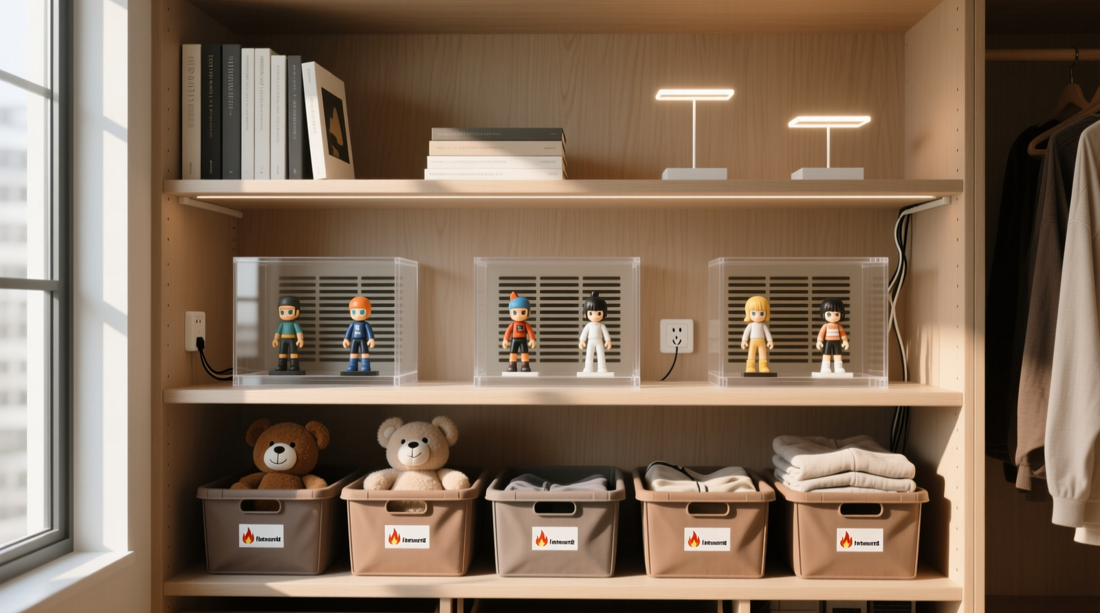 A minimalist closet interior showing warm-wood floating shelves: left shelf holds three 1/7 scale figures spaced evenly with 8 inches between bases; center shelf displays two art books and one folded Nendoroid plush; right shelf is empty except for a single framed poster mounted vertically beside a small potted succulent—no labels, no lighting fixtures, no visible packaging.