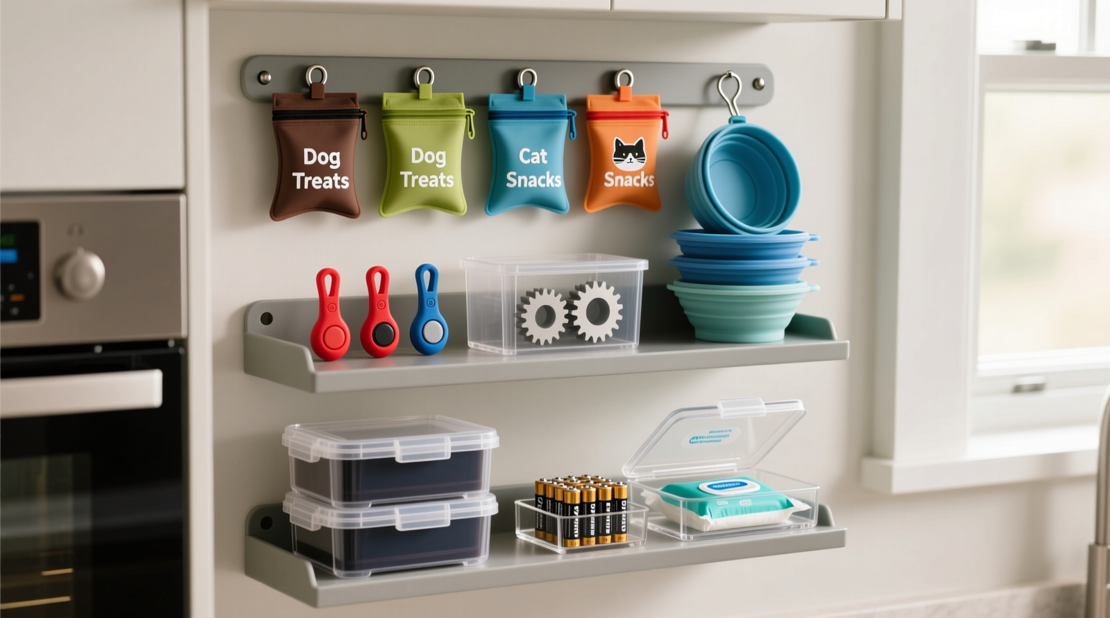 A wall-mounted, three-tiered organizational system: top tier holds labeled silicone treat pouches on magnetic hooks, middle tier features a rigid gear bin with color-coded clicker clips and collapsible bowls, bottom tier shows UV-blocking reserve bins stacked beside a small acrylic tray containing batteries and sanitizing wipes. All components are within arm’s reach and clearly visible.