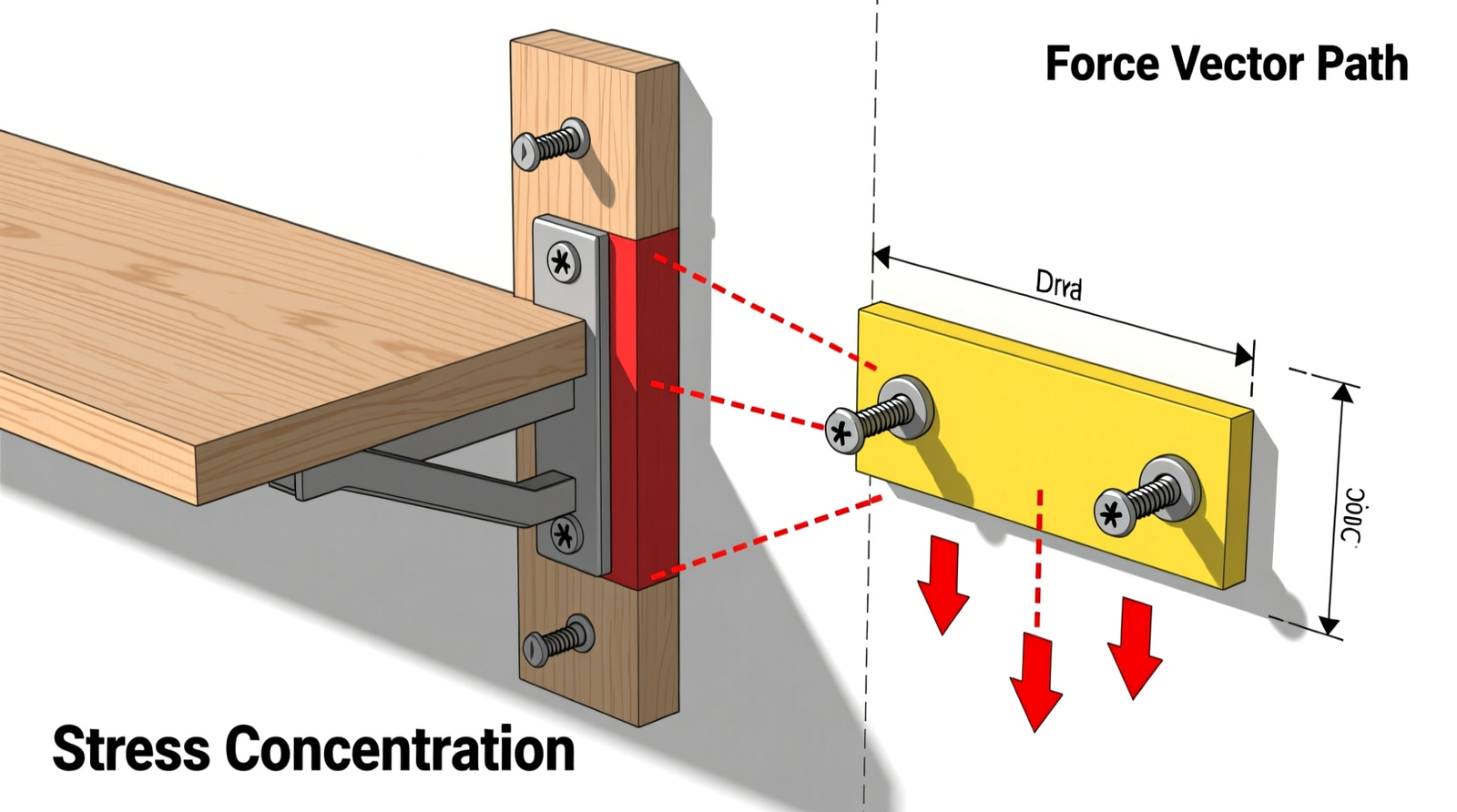 Side-by-side comparison showing adjustable shelf bracket mounted securely into wall stud versus fixed cleat anchored only into drywall with toggle bolts, with arrows indicating downward force vectors and stress concentration points