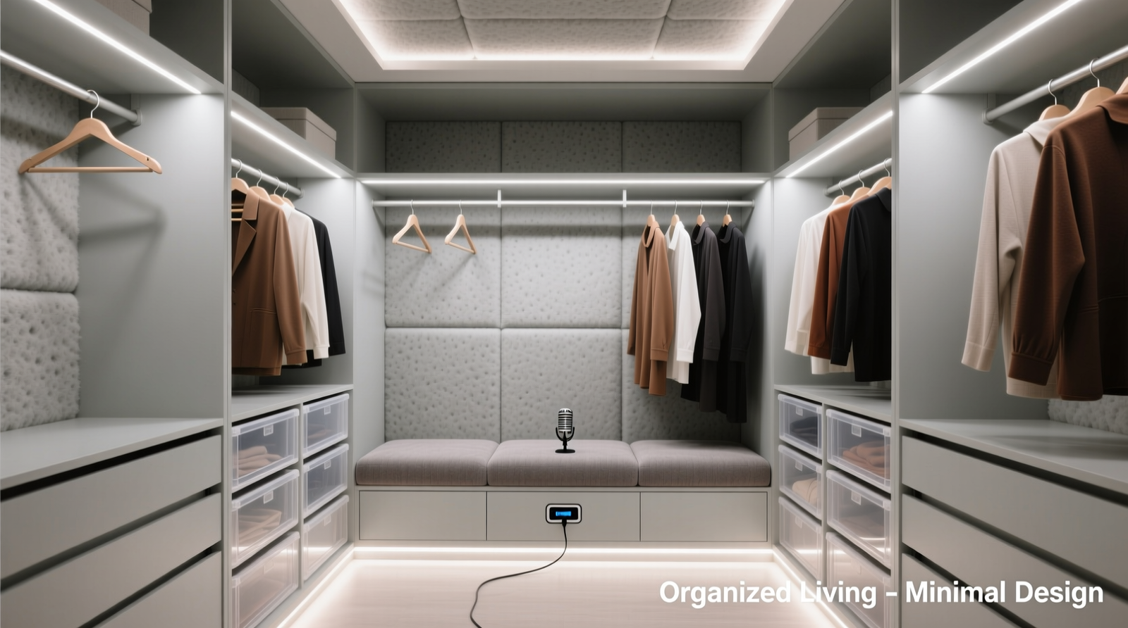 A compact, light-gray walk-in closet with matte-finish mineral wool panels on walls and ceiling, a streamlined upholstered bench with recessed mic mount and USB-C port, and clearly organized clothing arranged by category and color on slim-profile hangers and open-front bins
