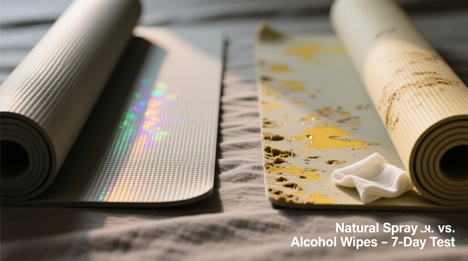 Side-by-side close-up of two yoga mats: one freshly treated with natural spray showing even matte sheen and no streaks; the other with visible residue, dulling, and subtle discoloration from repeated alcohol-based wipes