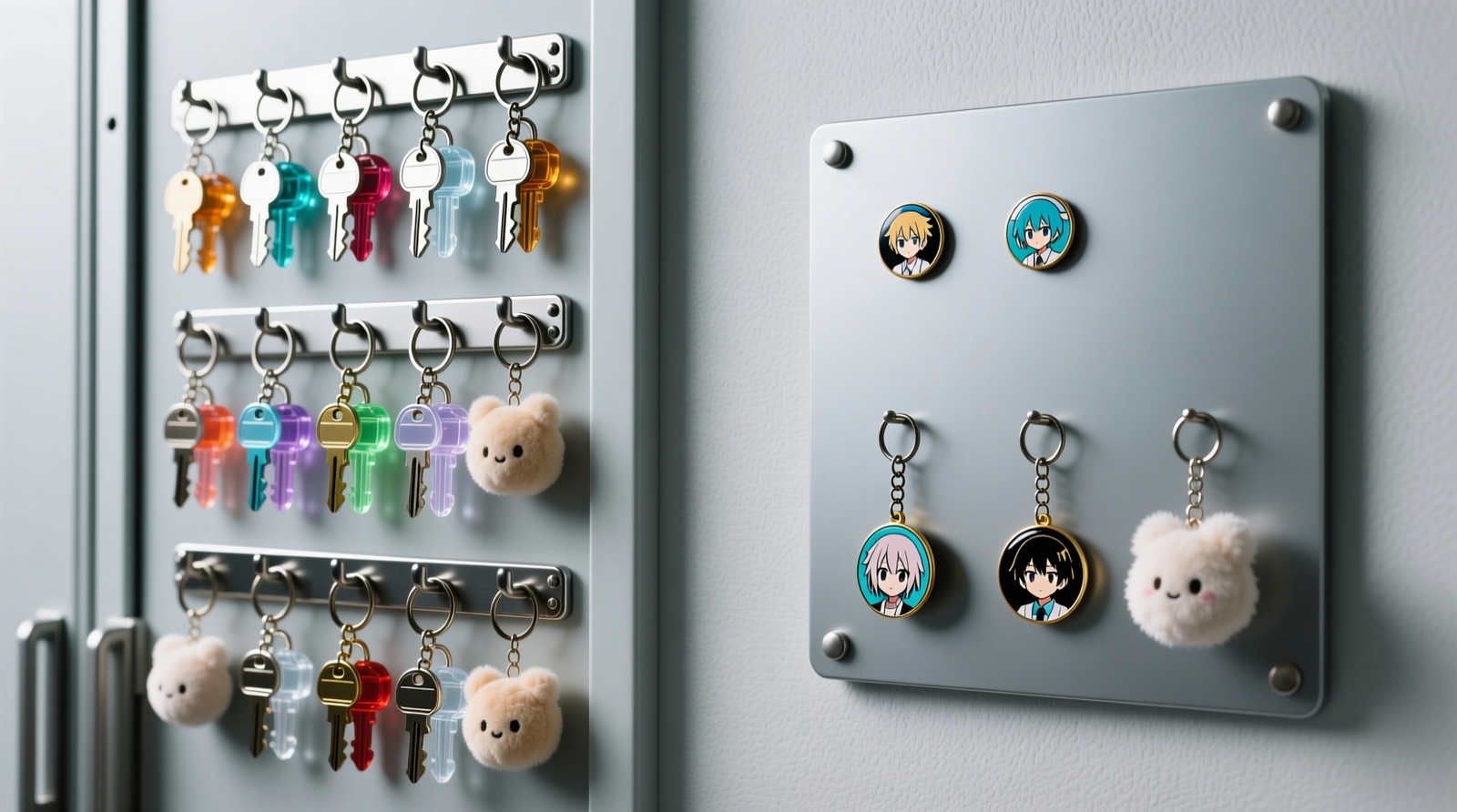 Side-by-side comparison: A vertical closet door showing evenly spaced anime keychain hook strips holding dense bundles of metal, acrylic, and plush keychains versus a magnetic badge board with only three small enamel pins clinging near the top edge, while heavier items have slid off or dangled precariously