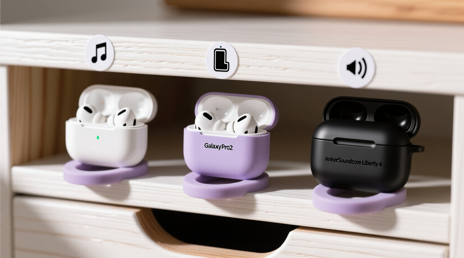 Close-up photo of a white wooden drawer divider with three evenly spaced silicone loops attached underneath; each loop holds a different Bluetooth earbud case upright—AirPods Pro (white), Galaxy Buds2 (lavender), and Anker Soundcore Liberty 4 (matte black)—all aligned with lids facing forward and labeled with minimalist icon stickers